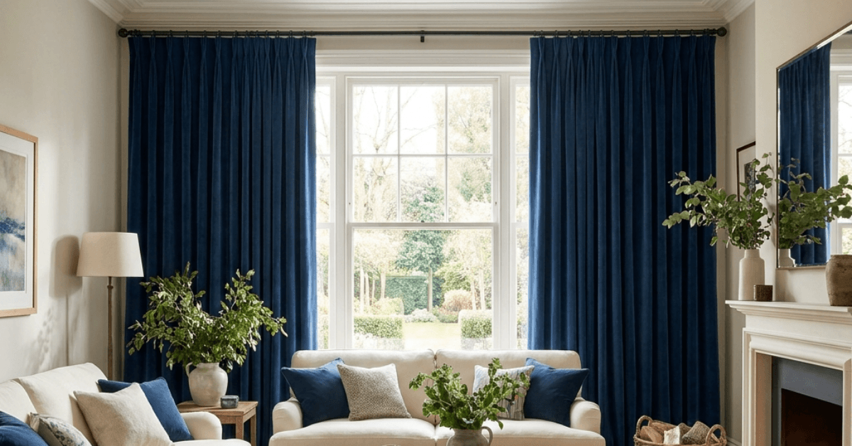 Navy pinch-pleat curtains framing a garden window in a bright living room