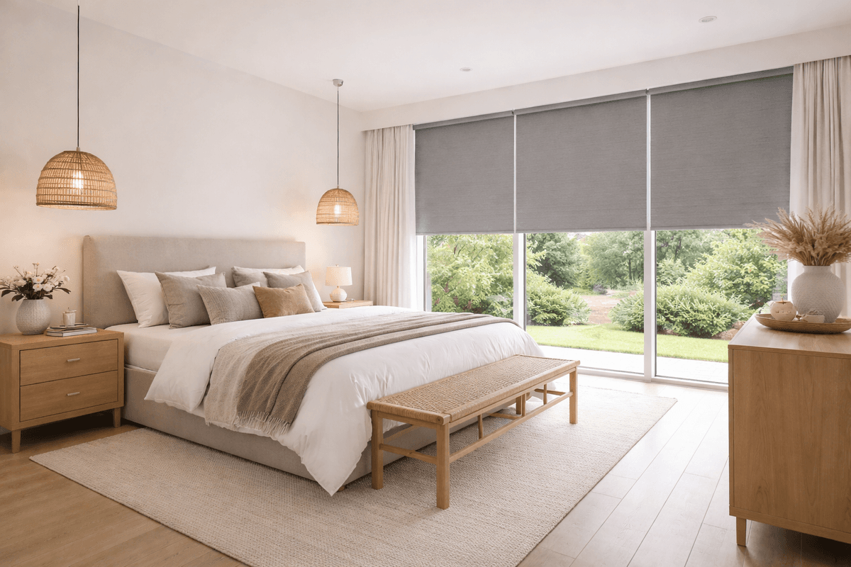 Double roller blinds on a bedroom window with sunscreen in front of blockout