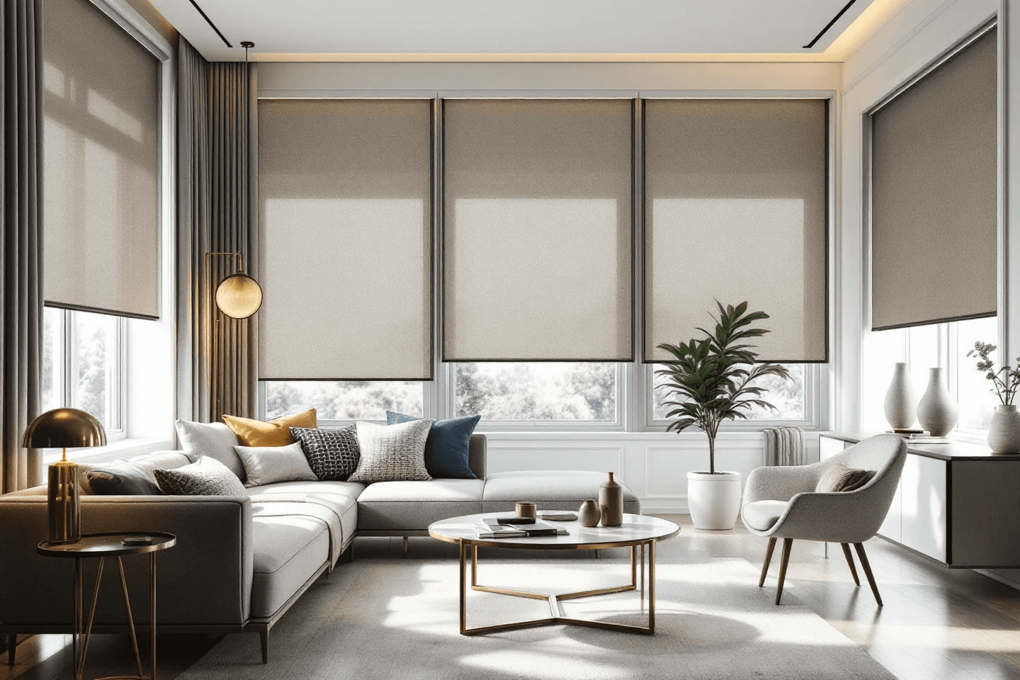 Taupe roller blinds lowered across three living room windows in a Gold Coast home