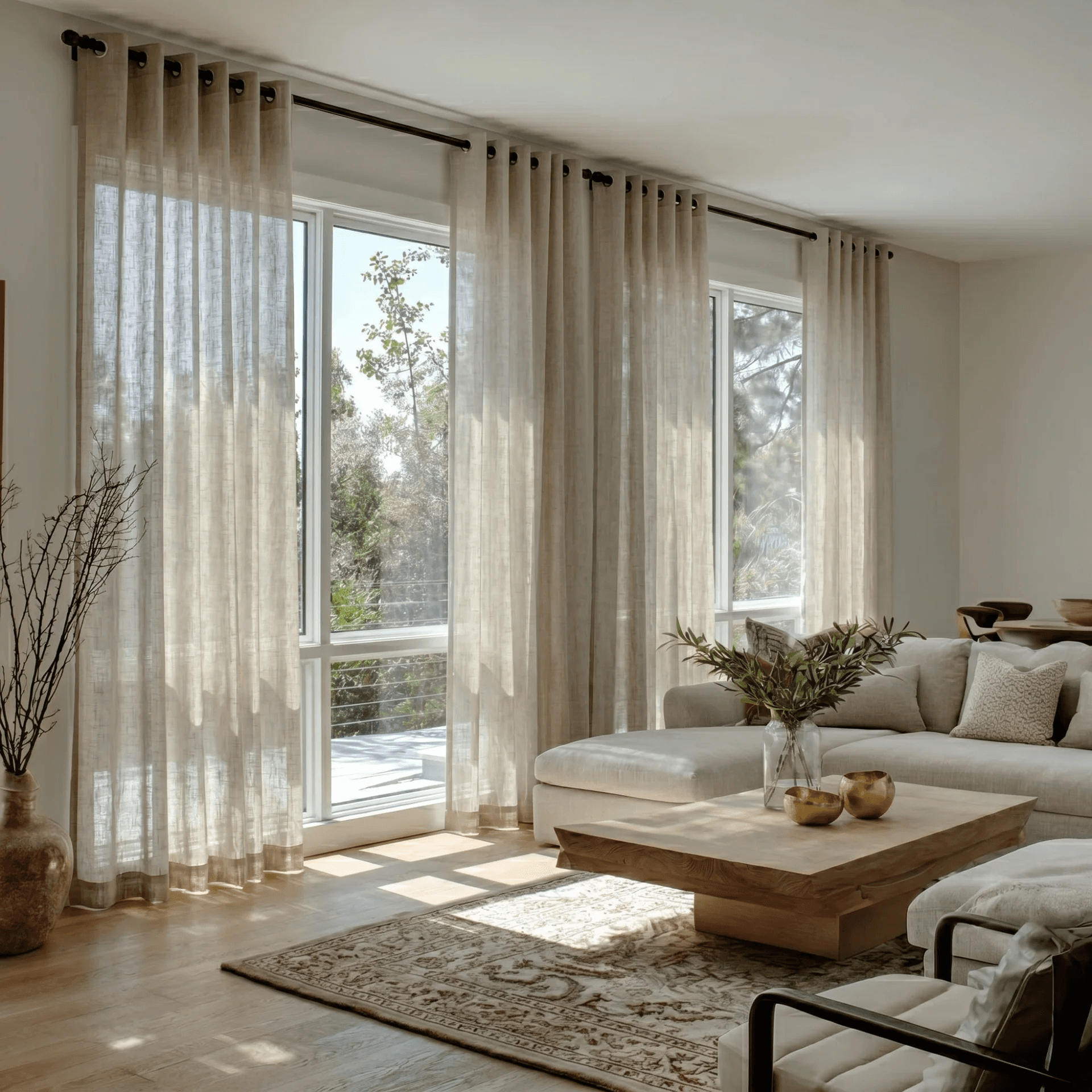 Sheer linen curtains framing floor-to-ceiling windows in a bright Gold Coast living room
