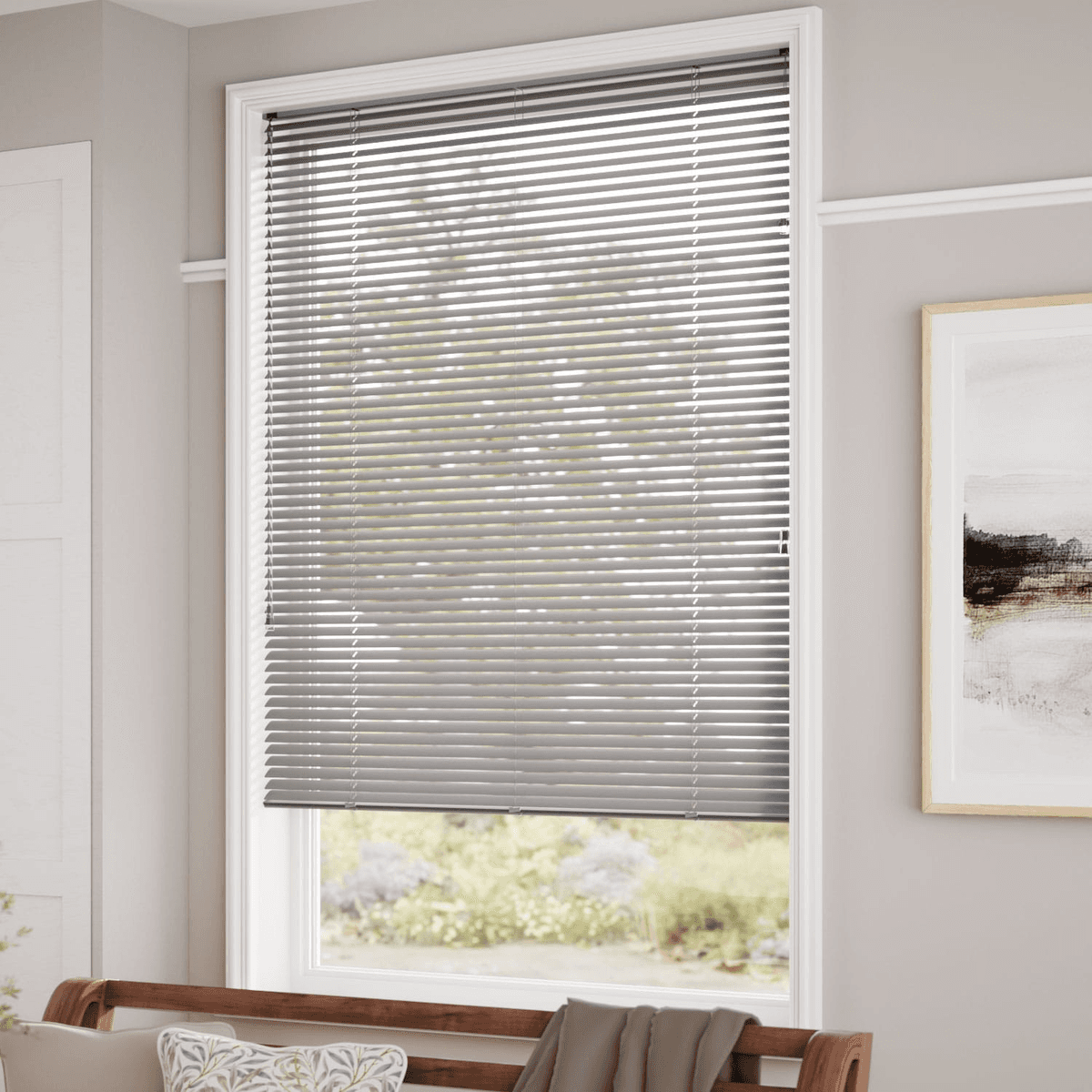 Venetian blind slats angled to bounce light while blocking the street view